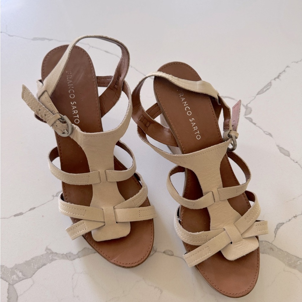 Franco Sarto Leather Cream Wedge Sandals size 10